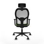 Silla de oficina Jorquera con mecanismo Sincro tapizada con Tela color Pistacho y malla color Blanco. Equipada con lumbar 1D, Brazos 1D, Cabecero 2D y Ruedas 65mm nailon