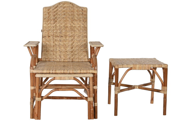 DKD Home Decor Tumbona y Mesa de Ratán Natural Set de 3 piezas 75 x 90 x 70 cm