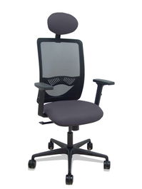 Silla de oficina Zulema con mecanismo Sincro tapizada con Tela color Gris oscuro y malla color Negro. Equipada con lumbar 1D, Brazos 2D, Cabecero Fijo y Ruedas 65mm nailon