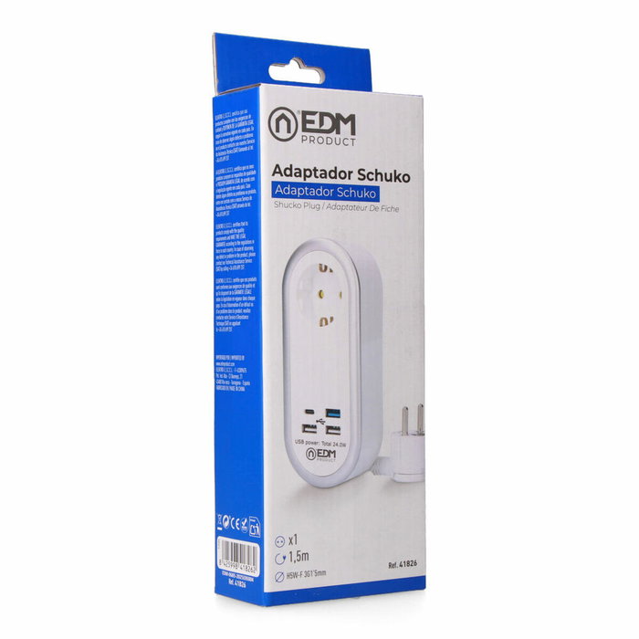 Edm Base aérea 1 toma Schuko y 4 USB, 1,5 m, Blanca