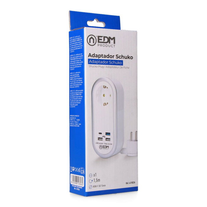 Edm Base Aérea con 1 Toma Schuko 2P+T y 4 Puertos USB (3x Tipo A + 1x Tipo C) 24W, Cable 1.5m H05VV-F 3G1.5mm² 16A, Blanco