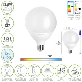 MAURER Bombilla LED Esfera Globo E27 13,5W Luz Fría 6500K