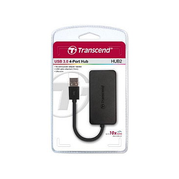 Transcend HUB2 - USB Hub de 4 Puertos USB 3.2 Gen 1 (3.1 Gen 1) Tipo A, Color Negro, Certificado CE/FCC/BSMI/KC/RCM/EAC, Alimentación por USB (5V/0.9A), 29g