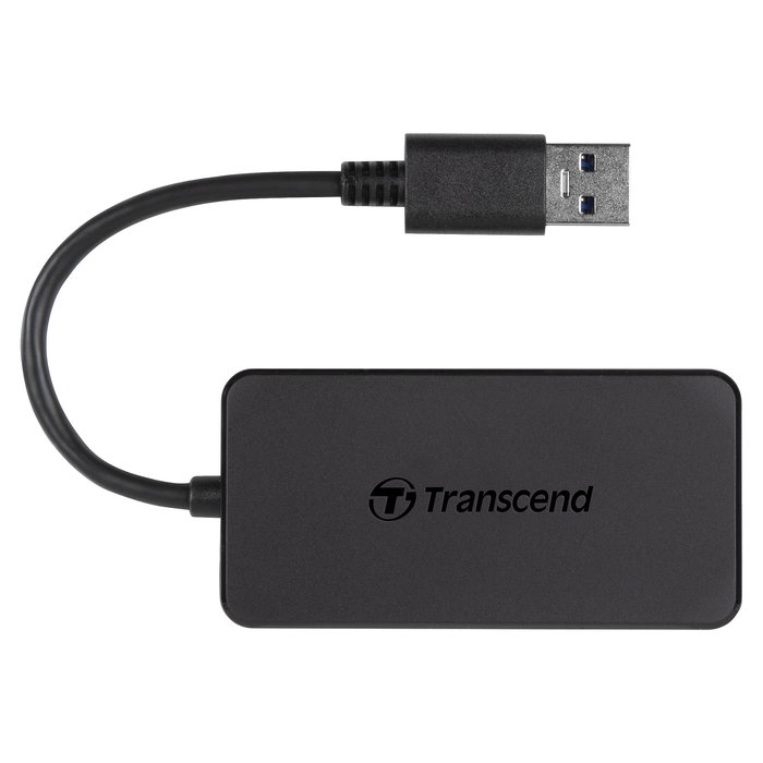 Transcend HUB2 - USB Hub de 4 Puertos USB 3.2 Gen 1 (3.1 Gen 1) Tipo A, Color Negro, Certificado CE/FCC/BSMI/KC/RCM/EAC, Alimentación por USB (5V/0.9A), 29g
