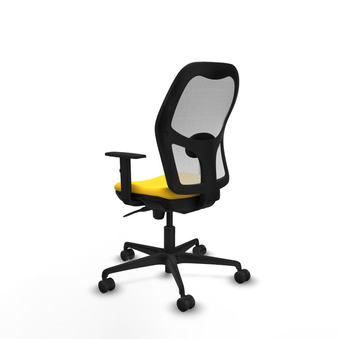 Silla de oficina Jorquera con mecanismo Sincro tapizada con Similpiel color Amarillo y malla color Blanco. Equipada con lumbar 1D, Brazos 1D y Ruedas 65mm nailon
