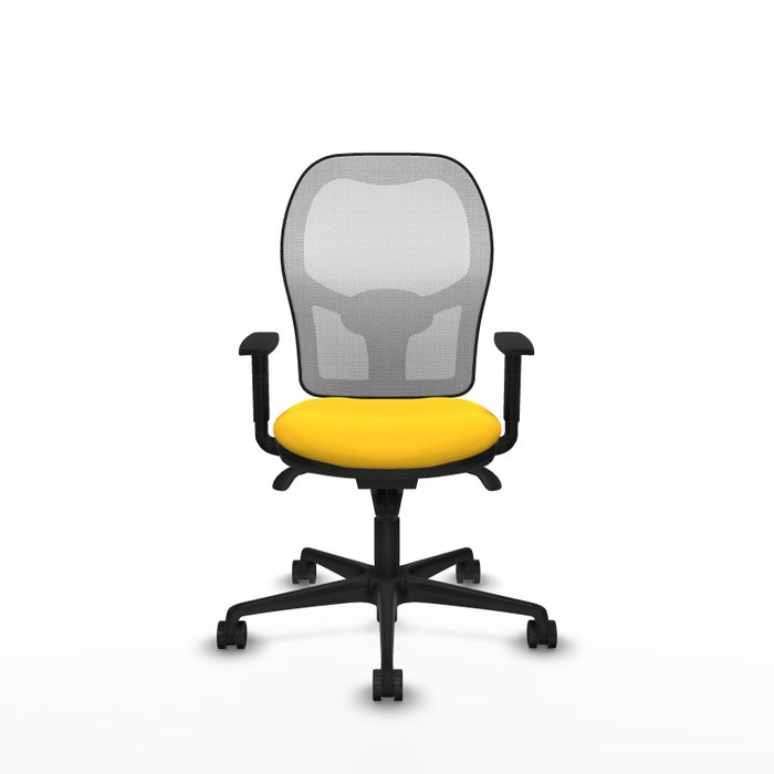 Silla de oficina Jorquera con mecanismo Sincro tapizada con Similpiel color Amarillo y malla color Blanco. Equipada con lumbar 1D, Brazos 1D y Ruedas 65mm nailon