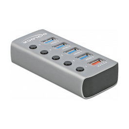 DeLOCK Hub USB 3.2 Gen 1 con 4 puertos y 1 puerto de carga rápida, Gris