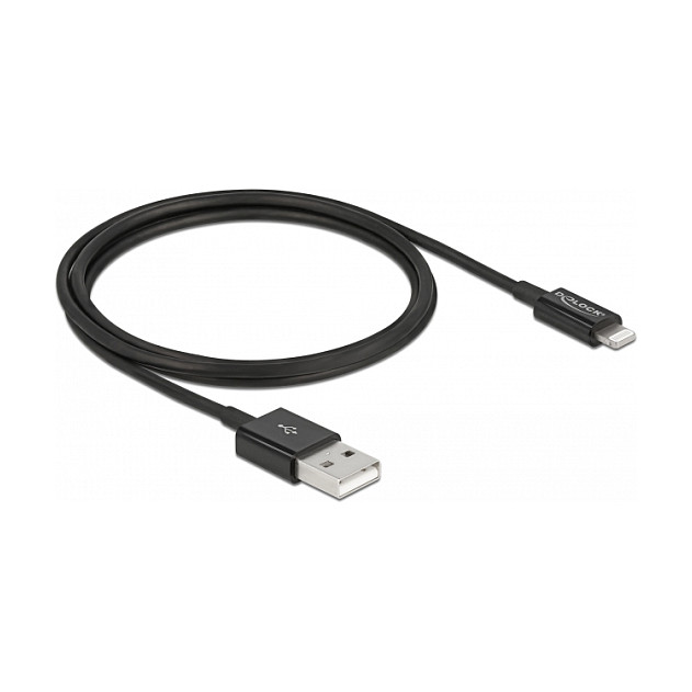 DeLOCK Cable USB de datos y carga Lightning a USB A 1 m Negro para iPhone, iPad, iPod - Compatible con modelos 12, 11, X, SE, 8, 7, 6, 5s, Air, Pro, mini