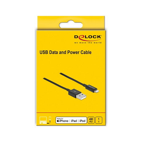 DeLOCK Cable USB de datos y carga Lightning a USB A 1 m Negro para iPhone, iPad, iPod - Compatible con modelos 12, 11, X, SE, 8, 7, 6, 5s, Air, Pro, mini