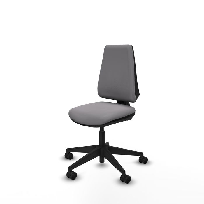 Silla de oficina Elche con mecanismo Contacto permanente básico tapizada con Similpiel color Gris. Equipada con Base piramidal negra, Sin brazos y Ruedas 65mm nailon