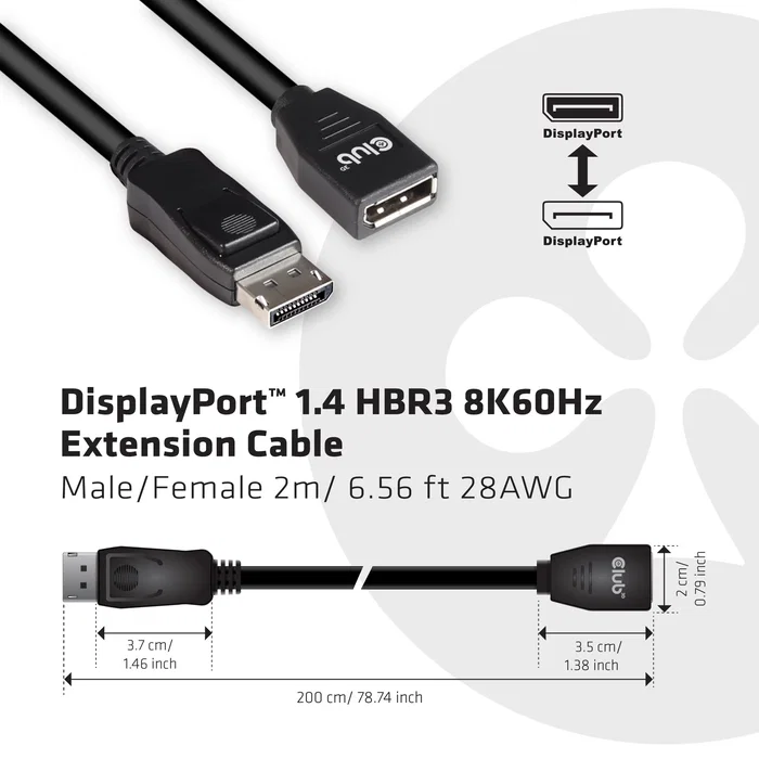 Club 3D CAC-1022 Cable Extensión/Adaptador DisplayPort 1.4 HBR3, Macho a Hembra, 2m, 8K 60Hz, 4K 144Hz, 32.4Gbps, 28AWG, Negro Club 3D CAC-1022 Cable Extensión/Adaptador DisplayPort 1.4 HBR3, Macho a Hembra, 2m, 8K 60Hz, 4K 144Hz, 32.4Gbps, 28AWG, Negro