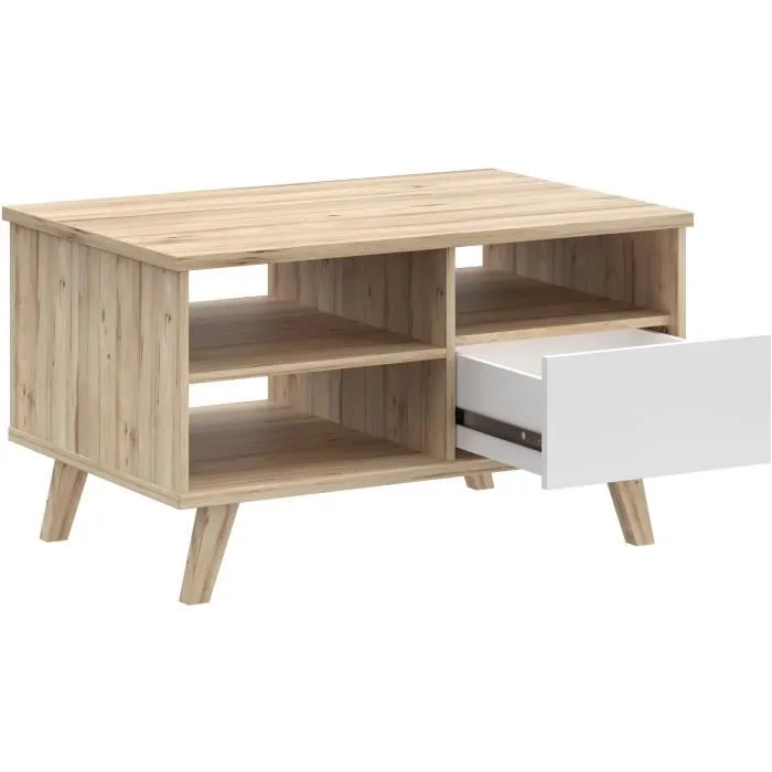 VANKKA Mesa de centro Rectangular Roble / Blanco mate Patas de madera 90 x 60 x 51,8 cm VANKCFTT5218L25