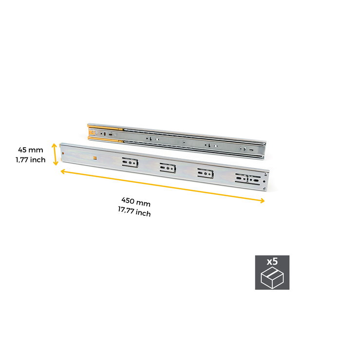 Emuca Lote de 5 juegos de guías para cajones, de bolas, altura 45mm, profundidad 450mm, extracción total, cierre suave, Cincado