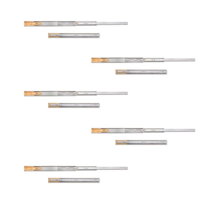 Emuca Lote de 5 juegos de guías para cajones, de bolas, altura 45mm, profundidad 450mm, extracción total, cierre suave, Cincado