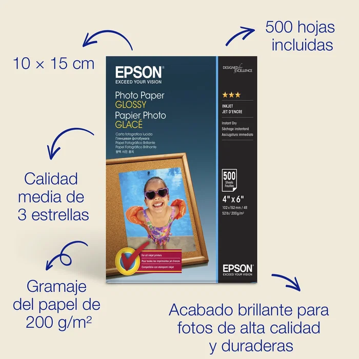 Epson Papel Fotográfico Glossy 10x15 cm, 500 Hojas