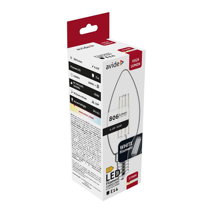 Avide Bombilla LED White Filament Vela 6,5W E14 Blanco Cálido 2700K