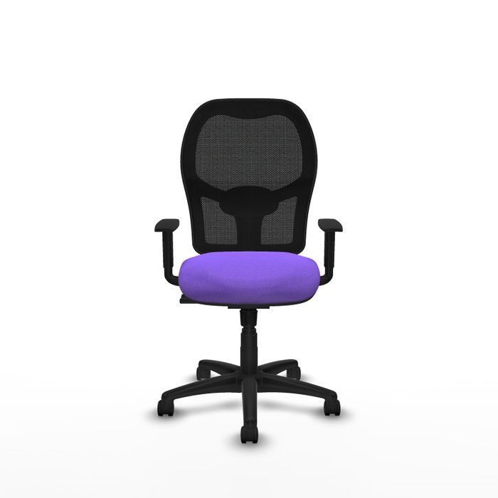 Silla de oficina Alocén con mecanismo Sincro tapizada con Tela color Lila y malla color Negro. Equipada con lumbar 1D, Brazos 1D y Ruedas de nailon 50 mm