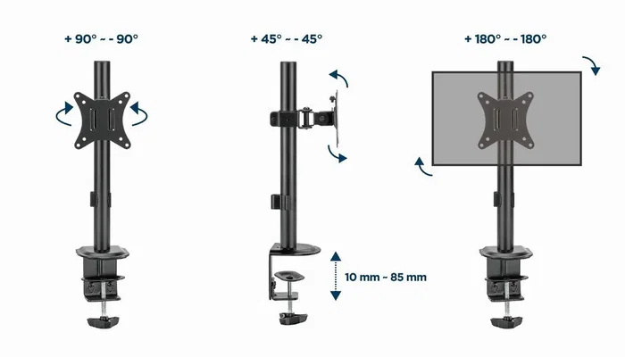 Gembird MA-D1-02 Soporte de Mesa Ajustable para Monitor Único 17 a 32 Pulgadas con Giratorio, Inclinación 45°, Rotación 180° y Montaje VESA (100x100/75x75 mm), Negro