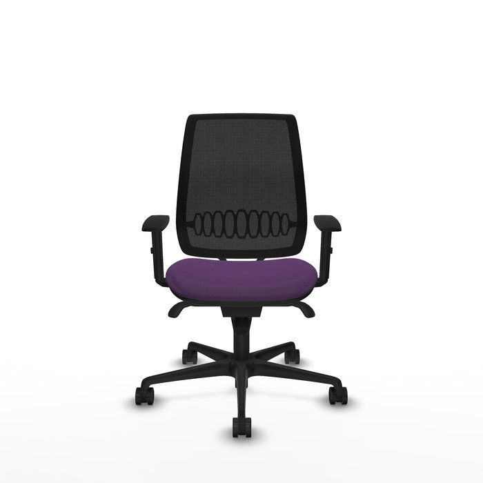 Silla de oficina Alares con mecanismo Sincro tapizada con Tela color Morado y malla color Negro. Equipada con lumbar 1D, Brazos 1D y Ruedas 65mm nailon
