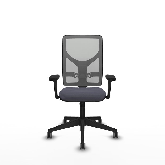 Silla de oficina Motilla con mecanismo Sincro tapizada con Tela color Gris oscuro y malla color Gris. Equipada con lumbar 1D, Brazos 3D y Ruedas 65 mm parqué