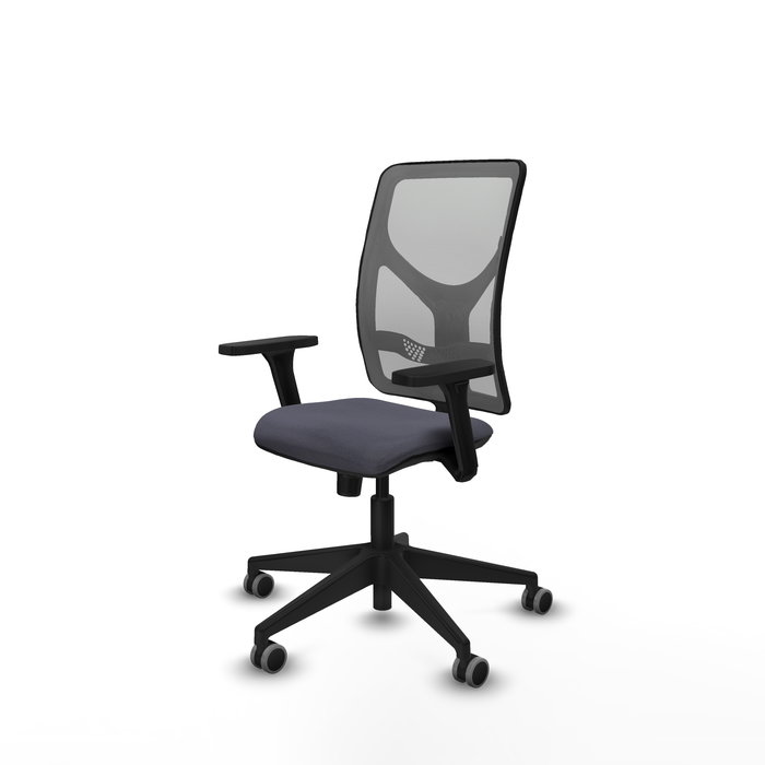 Silla de oficina Motilla con mecanismo Sincro tapizada con Tela color Gris oscuro y malla color Gris. Equipada con lumbar 1D, Brazos 3D y Ruedas 65 mm parqué
