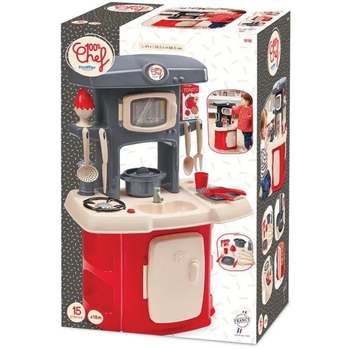 Ecoiffier Cocina Infantil Loft con Frigorífico, Microondas, Vitrocerámica y 14 Piezas de Menaje - 18 Meses, Origen Francés