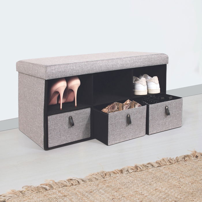 Home Deco Factory Banco Zapatero Plegable Gris Claro con 3 Cajones y 3 Compartimentos 76x38 cm