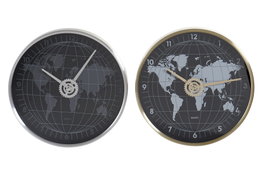 DKD Home Decor Reloj de Pared Mapamundi Dorado y Plateado 4.3 x 30 x 30 cm (2 Unidades) Aluminio y Cristal