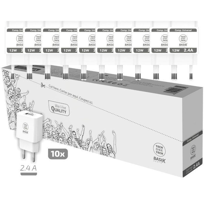 Tech One Tech Pack 10 Cargadores de Pared Basik TEC2954 Blanco 12W USB-A