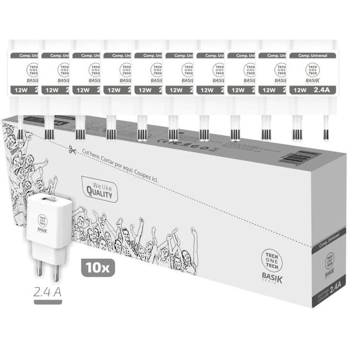 Tech One Tech Pack 10 Cargadores de Pared Basik TEC2954 Blanco 12W USB-A
