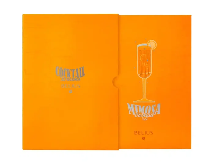 Belius Cocktails Bolígrafo y Tarjetero de Aluminio y Símil Piel, Naranja Plateado con Tinta Azul, Protección RFID, Caja Diseño