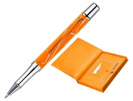 Belius Cocktails Bolígrafo y Tarjetero de Aluminio y Símil Piel, Naranja Plateado con Tinta Azul, Protección RFID, Caja Diseño