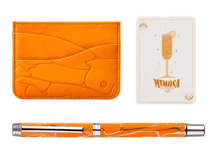 Belius Cocktails Bolígrafo y Tarjetero de Aluminio y Símil Piel, Naranja Plateado con Tinta Azul, Protección RFID, Caja Diseño