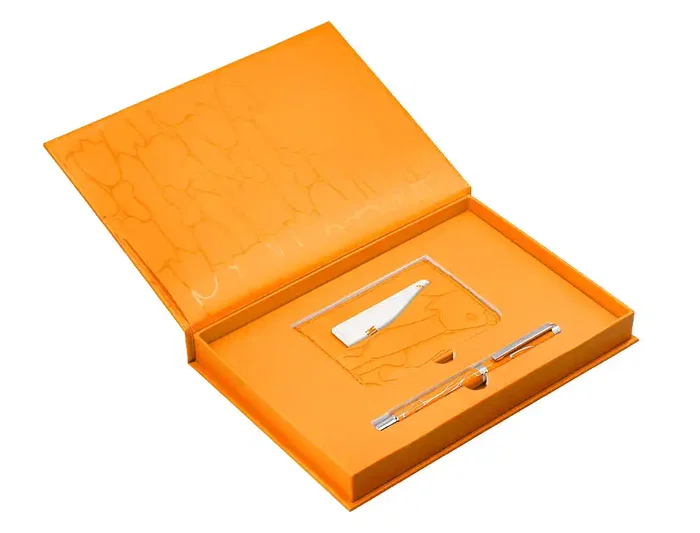 Belius Cocktails Bolígrafo y Tarjetero de Aluminio y Símil Piel, Naranja Plateado con Tinta Azul, Protección RFID, Caja Diseño