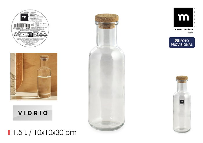La Mediterranea Botella de Vidrio Lisa con Tapa de Corcho 1.5L La Mediterranea Botella de Vidrio Lisa con Tapa de Corcho 1.5L