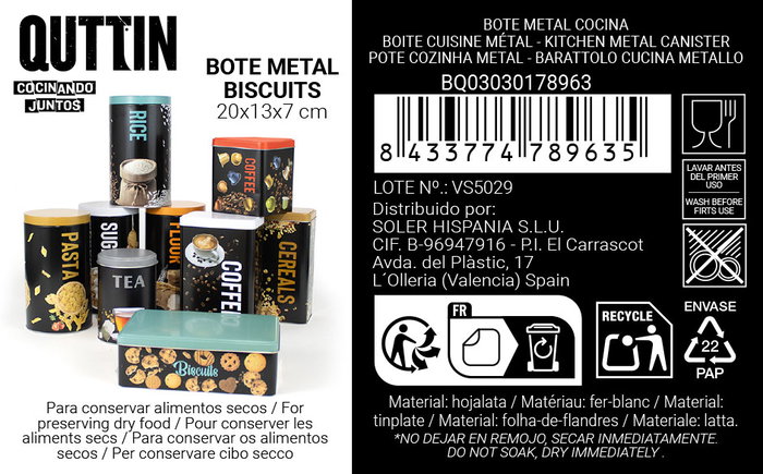 Quttin Bote Metal Biscuits 20 cm x 13 cm x 7 cm (12 Unidades)