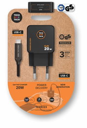 Tech One Tech Cargador GaN 20W Negro con Cable USB-C de 1m TEC2223