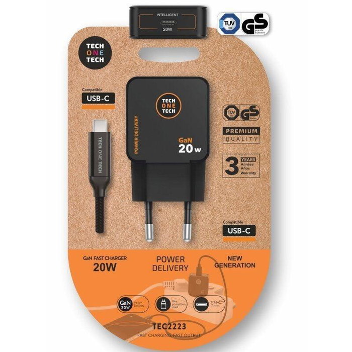 Tech One Tech Cargador de Pared GaN 20W con Cable USB-C TEC2223 Negro Tech One Tech Cargador de Pared GaN 20W con Cable USB-C TEC2223 Negro