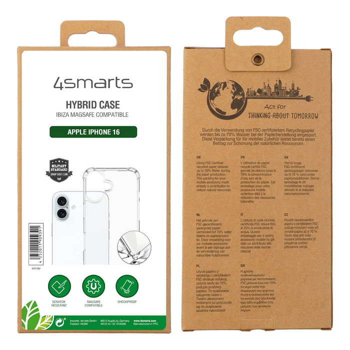 4smarts Funda Híbrida Ibiza para Apple iPhone 16, 15,5 cm (6.1"), Transparente, Compatible con MagSafe, Protección contra Caídas MIL-STD-810G, 541182