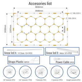 Lámpara LED hexagonal 6000K - 14 hexágonos 44cm + Rectángulo 500cm