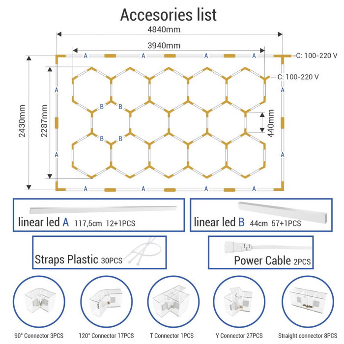 Lámpara LED hexagonal 6000K 500W 55000 lúmenes Blanco Frío Kit 14 hexágonos + rectángulo 500cm Lámpara LED hexagonal 6000K 500W 55000 lúmenes Blanco Frío Kit 14 hexágonos + rectángulo 500cm