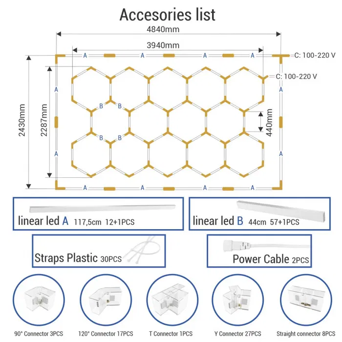 Lámpara LED Hexagonal 6000K 500W 55000 lúmenes 14 Hexágonos 44cm + Rectángulo 500cm Lámpara LED Hexagonal 6000K 500W 55000 lúmenes 14 Hexágonos 44cm + Rectángulo 500cm
