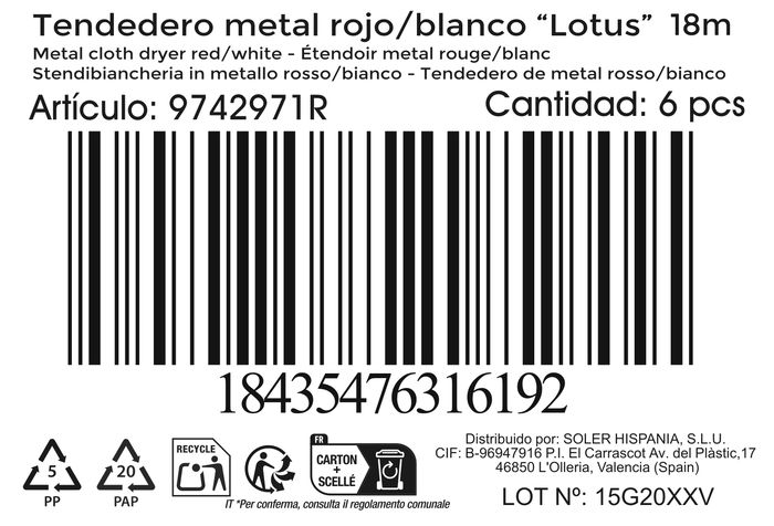 Inde Tendedero 18M Metal Rojo/Blanco "Lotus" 180 x 55 x 109 cm (6 Unidades)