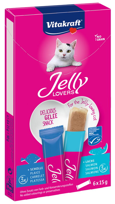 Vitakraft Jelly Lovers Salmon y Platija 15g Snack para Gatos, Bajo en Calorías Vitakraft Jelly Lovers Salmon y Platija 15g Snack para Gatos, Bajo en Calorías