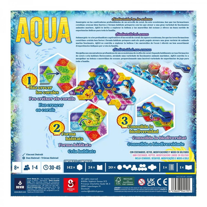 Devir Juego de Mesa AQUA - Estrategia, Colocación de Losetas, Construye Arrecifes de Coral, 1-4 Jugadores, 8+ Años, en Castellano, Portugués y Catalán