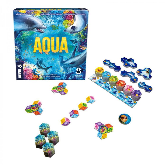 Devir Juego de Mesa AQUA - Estrategia, Colocación de Losetas, Construye Arrecifes de Coral, 1-4 Jugadores, 8+ Años, en Castellano, Portugués y Catalán