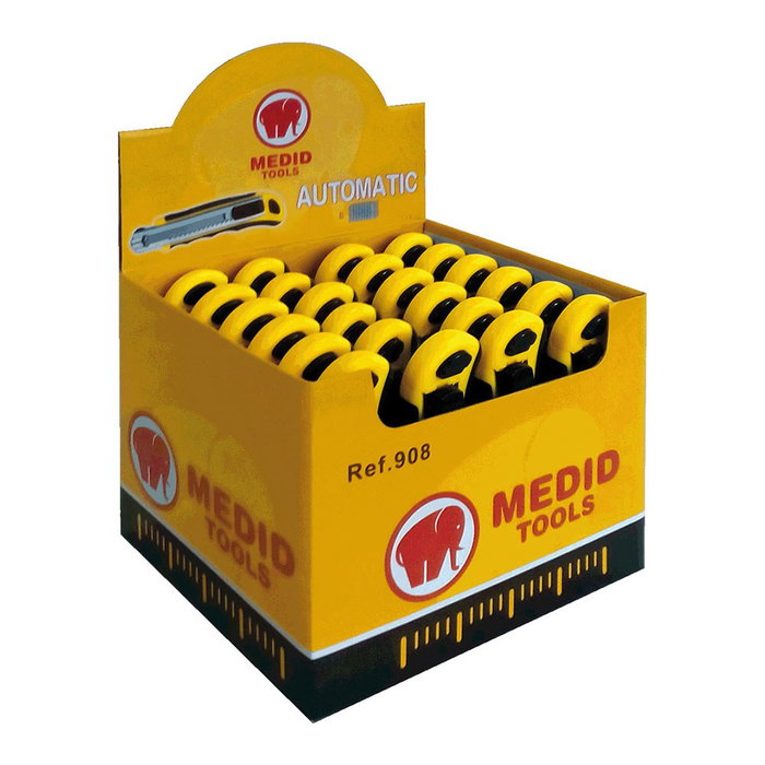 Medid Cutter cambio automático cuchilla 18 mm + 8 cuchillas recambio, expositor 24 unidades Medid Cutter cambio automático cuchilla 18 mm + 8 cuchillas recambio, expositor 24 unidades