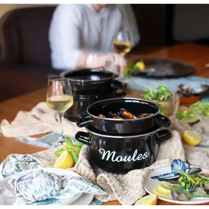 Menastyl Olla para Mejillones 3645564 Acero Esmaltado Negro 24 cm con Inscripción para Todo Tipo de Fuegos Incluida Inducción