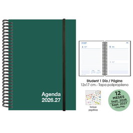 Agenda Escolar (2026-27) Senfort Student Unicolor Espiral Tapa Pp Con Goma 120X170 D/P Verde
