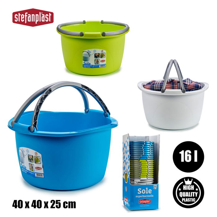 Stefanplast Cesta de Plástico Redonda 16L con Asas, Surtido de Colores (Azul, Marrón, Blanco), Dimensiones 39x22x39cm (Set de 30)